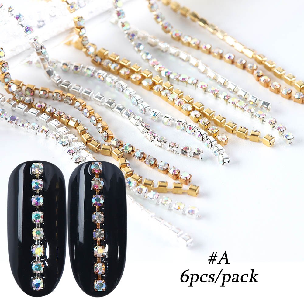6 st diamanter metallkedja strass på naglar linje 3d färgglada randiga smycken flatback ädelstenar strass nail art tillbehör  be799: En stil