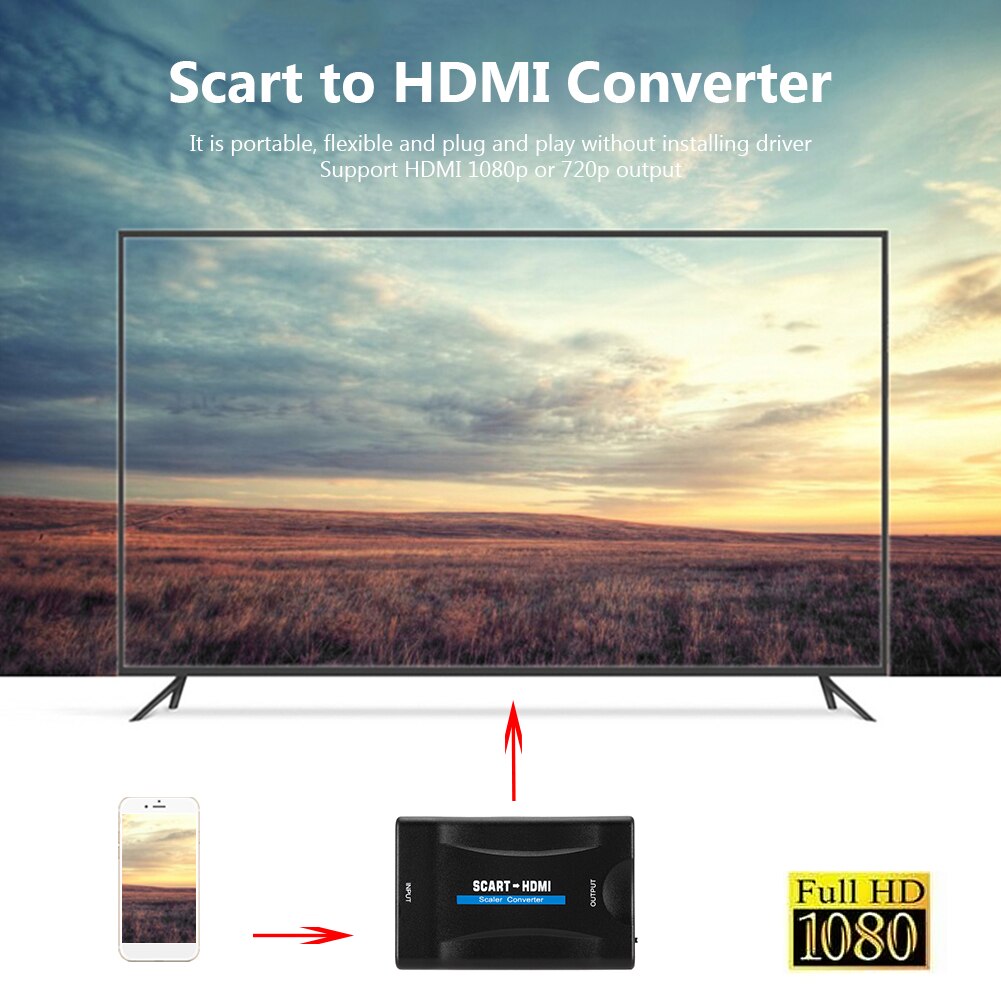 1080P Scart Naar Hdmi-Compatibel Video Audio Upscale Converter Adapter Voor Hdtv Sky Box Stb Plug Voor Hd tv Dvd-Compatibel