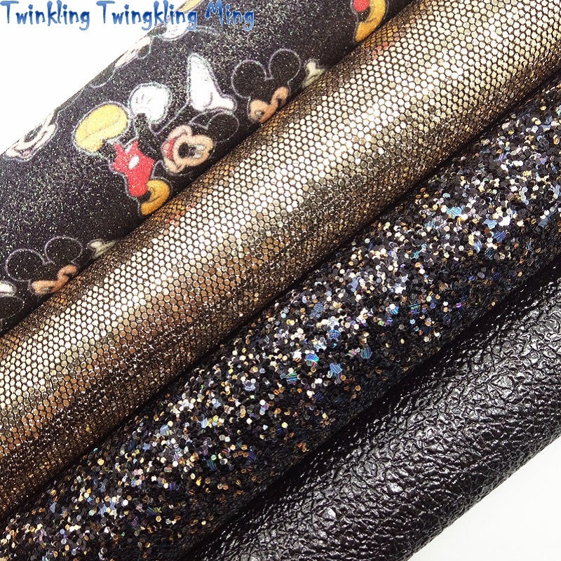 Zwart glitterleer, muis bedrukt glitterleer, metallic imitatiestof voor strik  a4 21 x 29cm twinkling ming  km163