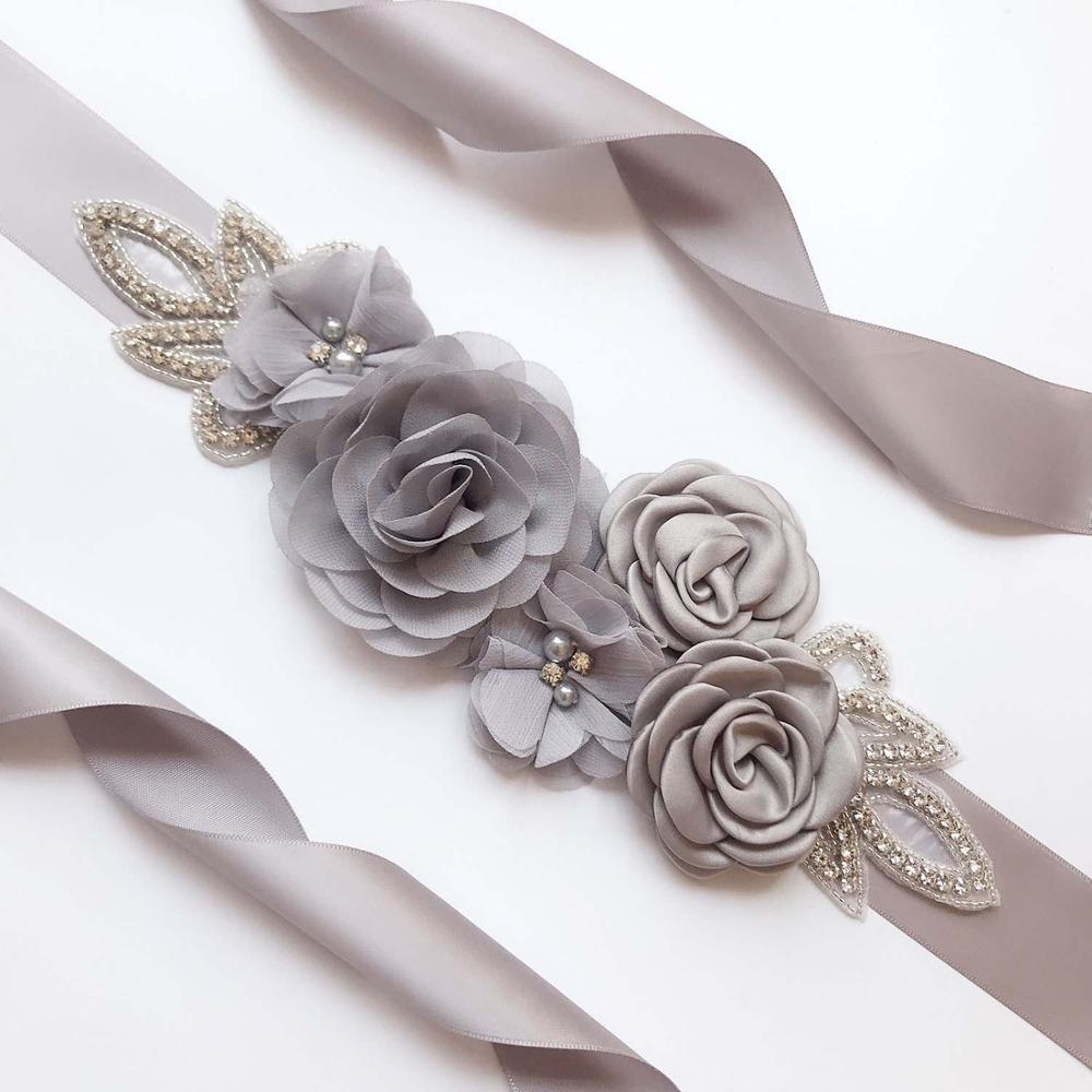 MOLANS, perlas, vestido, cinturones, flores de Gasa sólido, faja nupcial, cinta hecha a mano con diamantes de imitación, banda para la cintura, accesorios de boda para novia: Gris