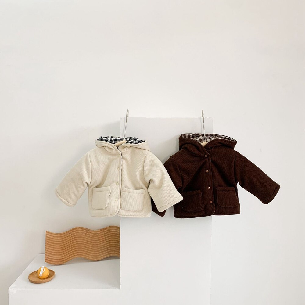 Warm Winter Baby Meisjes Jongens Jas Kids Zuigelingen Corduroy Uitloper Kinderen Plaid Hooded Thicken Jassen Casacos Twee Side Wear S11821