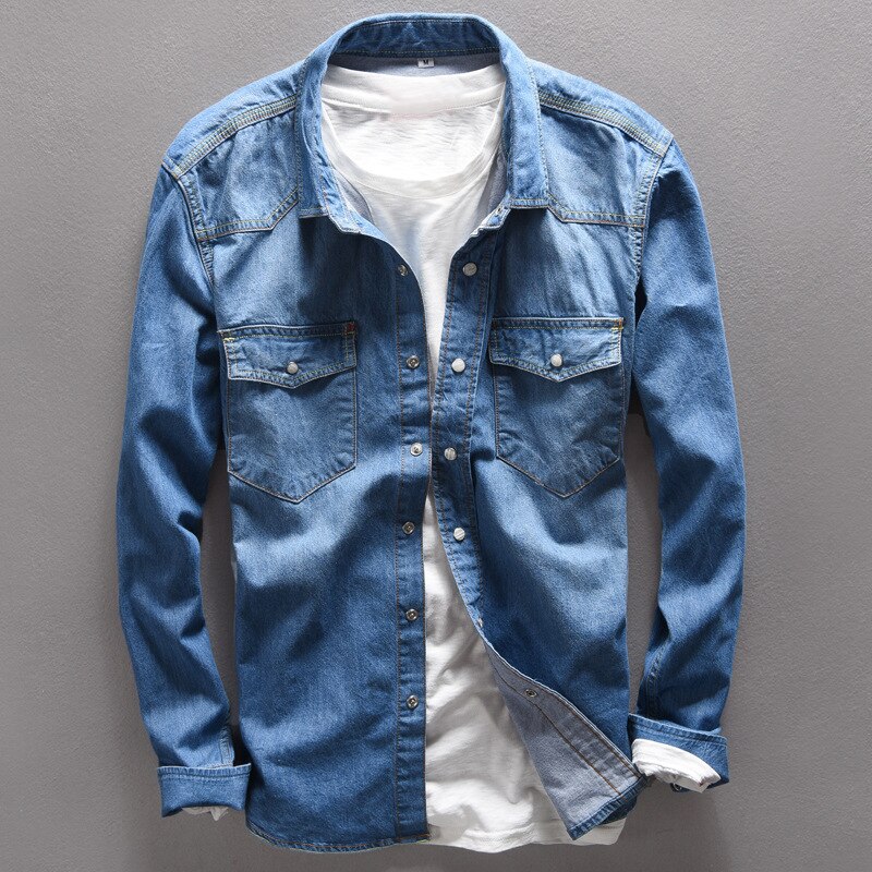 Camisas Vintage de para hombre, pantalones vaqueros azul claro con cuello, camisa informal para otoño, ropa de calle de primavera, tops vaqueros de manga larga de algodón