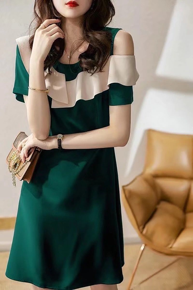 Novedad De verano, vestido De estilo coreano a la De retazos para mujer, Vestidos elegantes negros con cuello redondo De , bata De manga corta para mujer: XXL / Verde