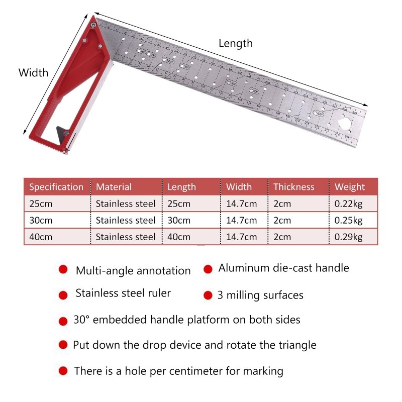 45/90 Degree Triangle Square Ruler 30cm Stainless Steel Right Angle Ruler Woodworking Try Square for Multiple Purposes Carpenter