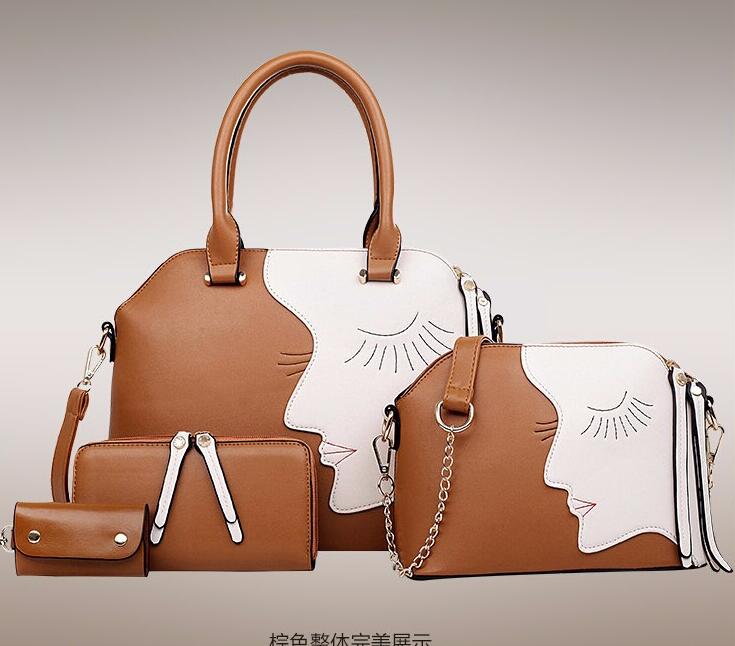 Bolsa de couro feminina artvan, bolsa de mão designer feminina + bolsa mensageiro + bolsa de chaves 4 peças, conjunto gd02: brown