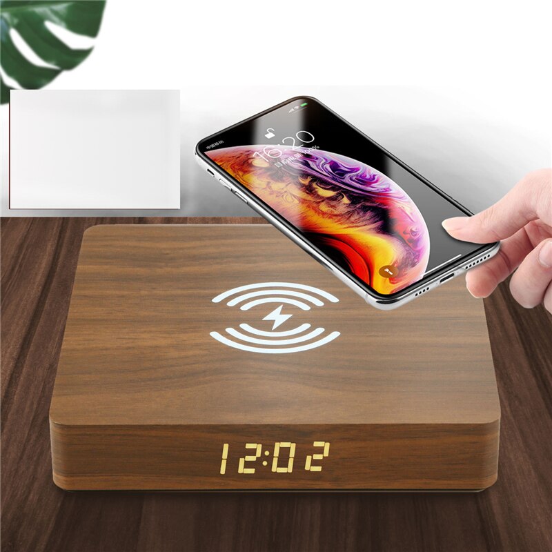 Elektrisk smart digital väckarklocka tunn 10w trådlös laddare pad trä ledde för stationära sängbord qi ljus för iphone samsung