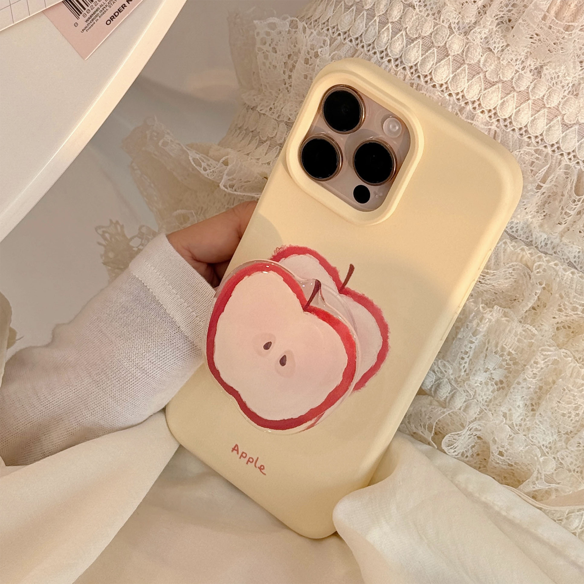 Korean Red Apple Graffiti With Stand Holder Lanyard Phone Case for iPhone 16 15 14 13 12 Pro Max Soft Silicone Shockproof Cover