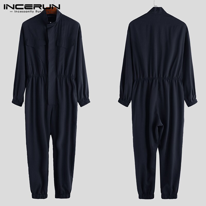 INCERUN Men Jumpsuit Joggers Long Sleeve Romper Zipper Cargo Overalls Cool Solid Streetwear Hiphop Casual Pants Men