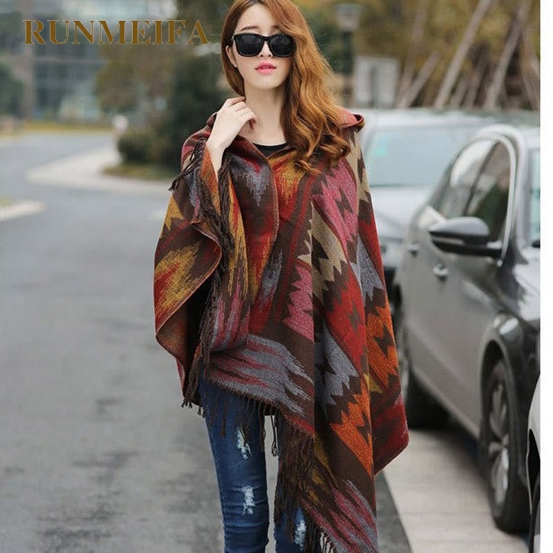 Kvinner vinter boho hette kåpe kappe poncho dame sjal pakke inn kvinnelig pashmina rutete kashmir teppe skjerf bufanda mujer