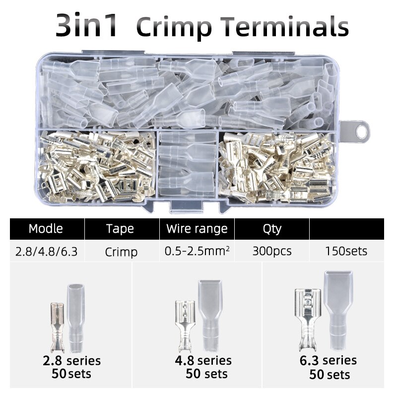 200pcs 2.8mm 4.8 6.3mm Female Spade coppe Crimp Terminals Electrical Sleeve Wire Wrap Connector for 22-16 AWG 0.5-2.5 Insulated: 3in1 300pcs