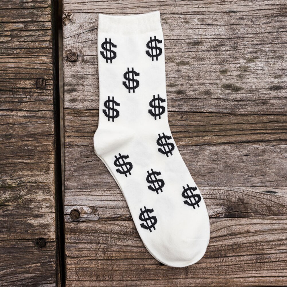 Forår efterår mænd drenge sokker dollar symbol trykt behagelig åndbar absorberer sved anti-skrid mellemlang sok: Hvid
