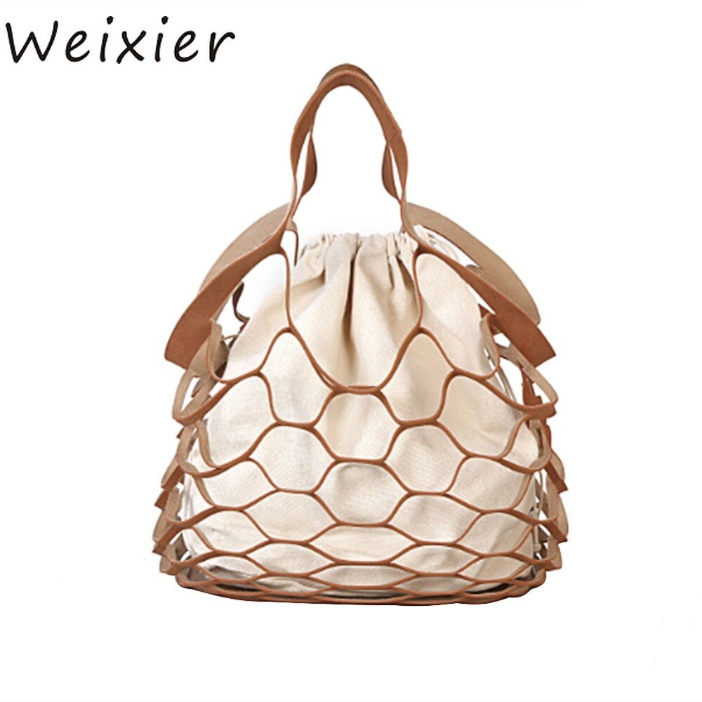 Weixier Holle Mesh Lederen Stro Bag Sac A Main Trekkoord Strand Schouder Emmer Tas Dames Eenvoudige Vis Tassen Voor LL-79