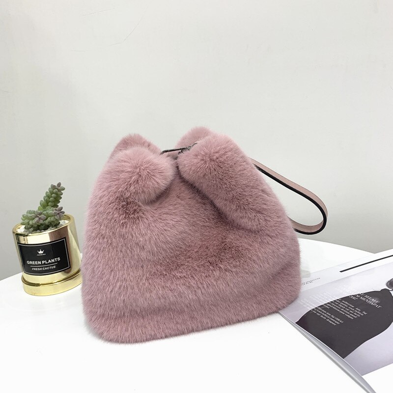 Mode Vrouwen Faux Nertsen Bont Handtassen Zachte Pluche Effen Dames Schouder Emmer Zakken Vrouwelijke Avond Clutch Portemonnee Messenger Bag
