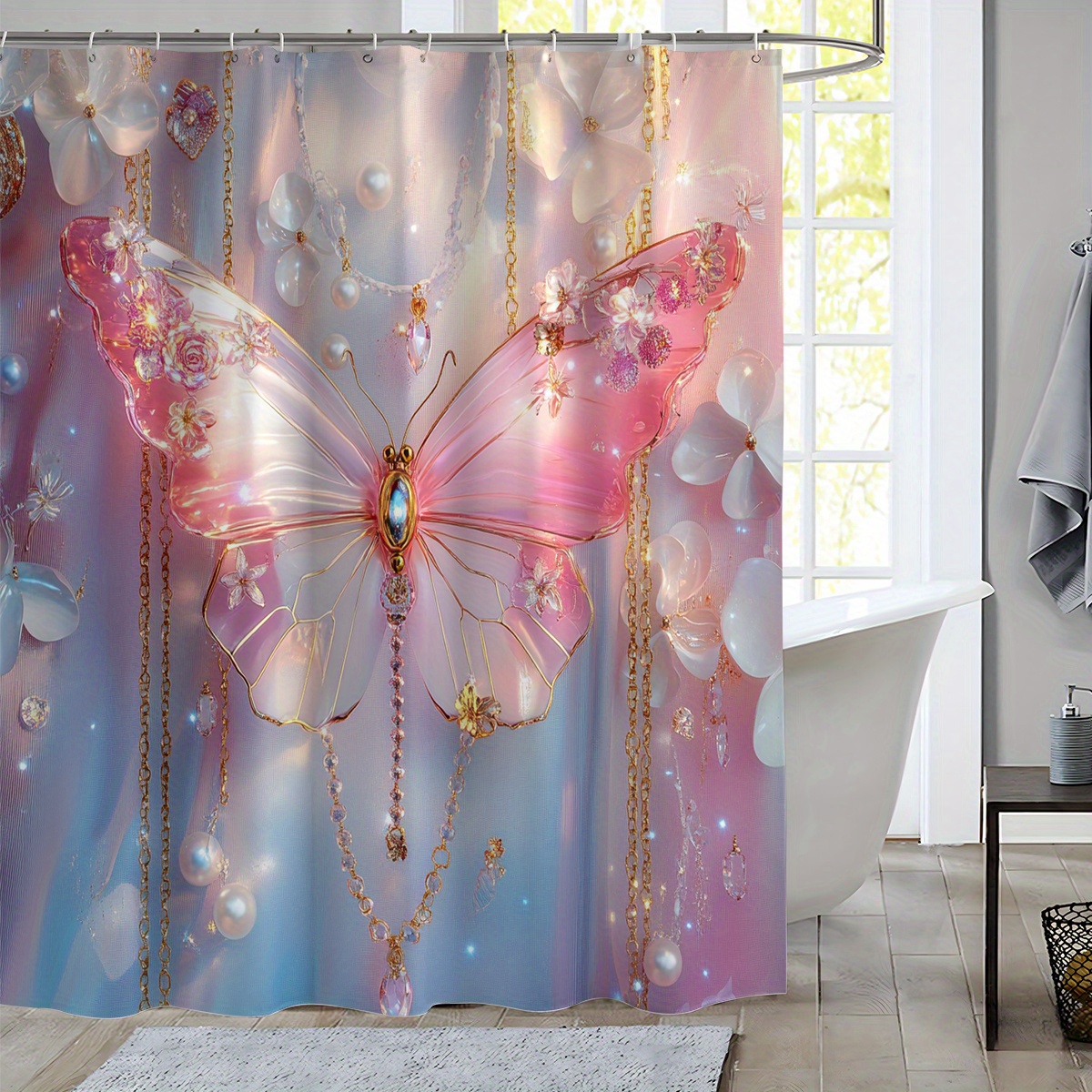 1 cortina de ducha de mariposa con purpurina rosa, decoración de baño perfecta para todas las estaciones, privacidad de la ducha | Cortina impresa digital