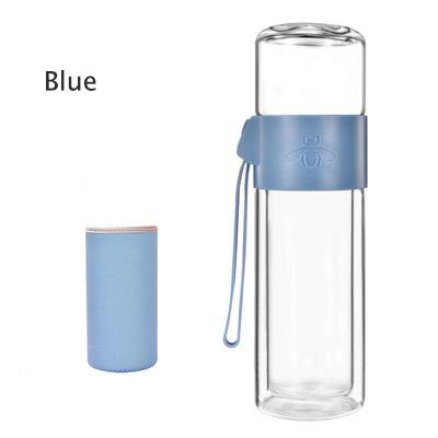 Kontor forretning glas vandflaske bærbar dobbeltvægs glas teflaske med te-infuser gennemsigtig glasflaske: Blå tilføj dæksel