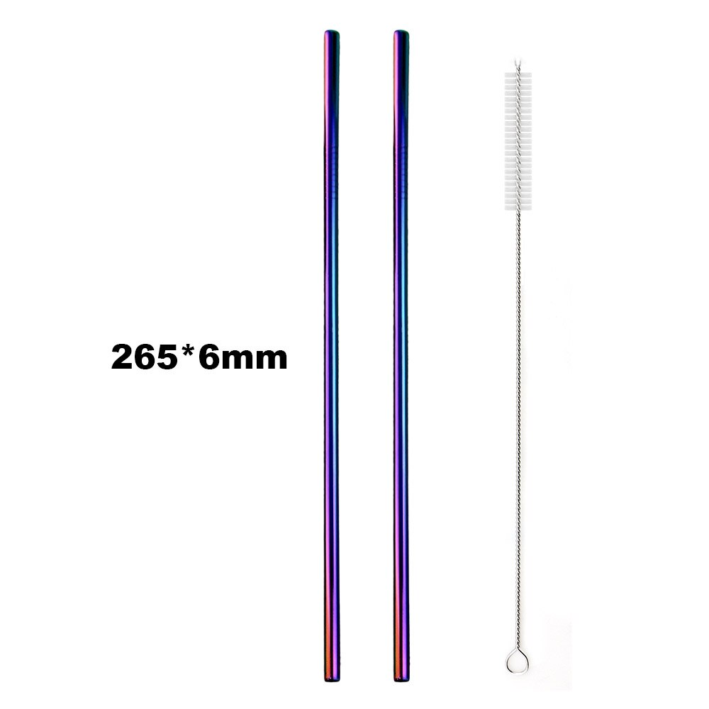 Pajilla de Metal reutilizable para beber, pajilla de Metal de acero inoxidable, paja colorida de arco iris de 16/19/21/23/26cm, diámetro de 6/8/12mm con 1 cepillo, 2 uds.: 265x6 Straight
