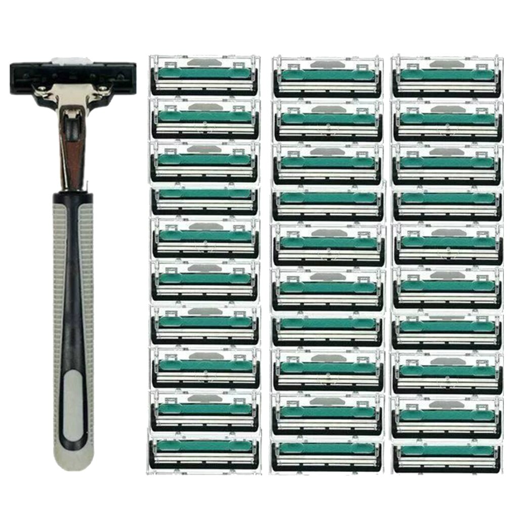 Märke män handtag rakhyvel rakapparat utbytbar rak manuell rakhyvel skäggtrimmer med 30 st dubbla lager rakblad: Default Title