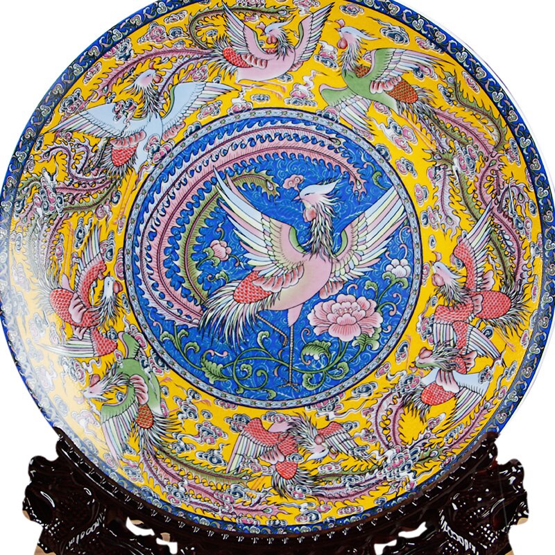 Plato Ornamental de cerámica de arte Fengshui, decoración China antigua de NinePheonix, juego de platos chinos tradicionales de porcelana con Base de madera