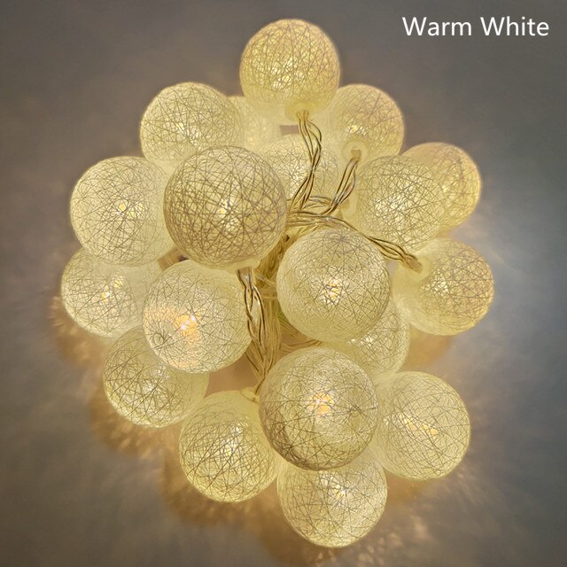 Guirnalda de bolas de algodón para decoración navideña, 20 luces LED de 2,2 M, 3,5 CM de diámetro, lámpara de cama para casa, de boda y vacaciones: Warm white / By Battery