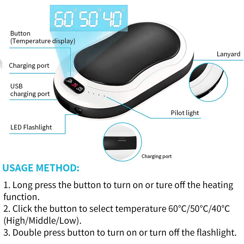 10000mA Elektrische Hand Warmer Usb Opladen Winter Warm Pocket Power Bank Handwarmer 3 Modes Quick Verwarming Led Zaklamp