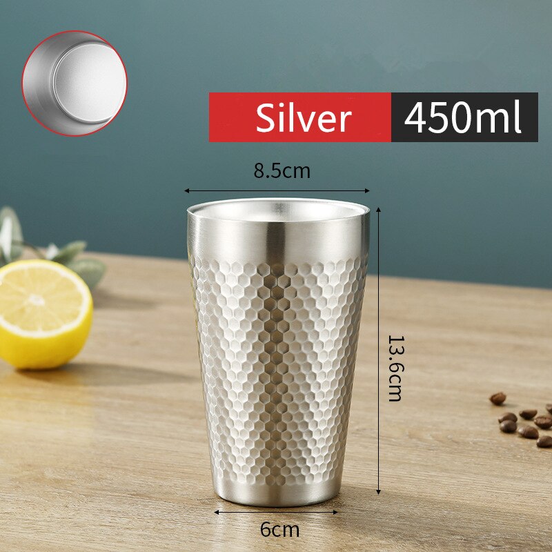 Stackable Stainless Steel Beer Cups Unbreakable Drinkware Bar Mug Double Layer Mugs Coffee Tea Cup: Silver 450ML