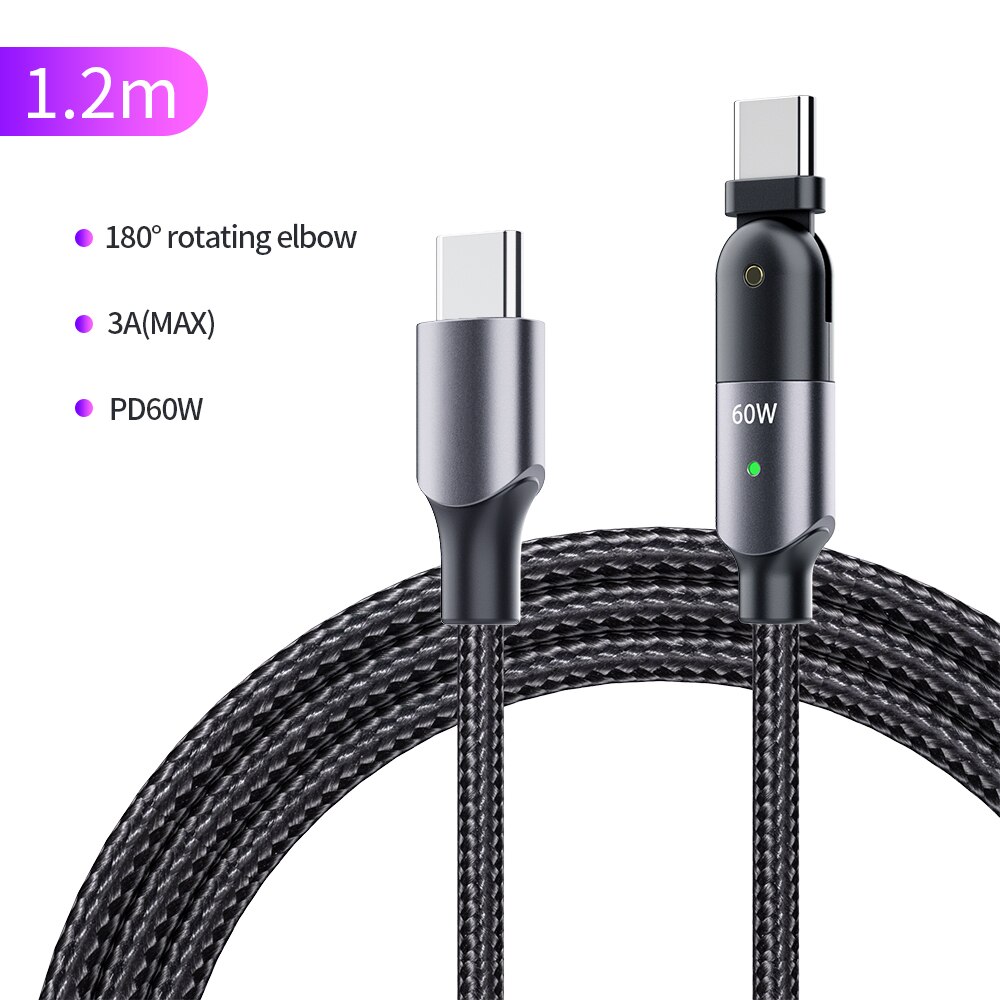 Câble PD 60W/100W USB type-c 5A en Nylon, charge rapide, transfert de données, Rotation à 180 degrés, pour Samsung, Xiaomi, Macbook: 60W Black / 2m