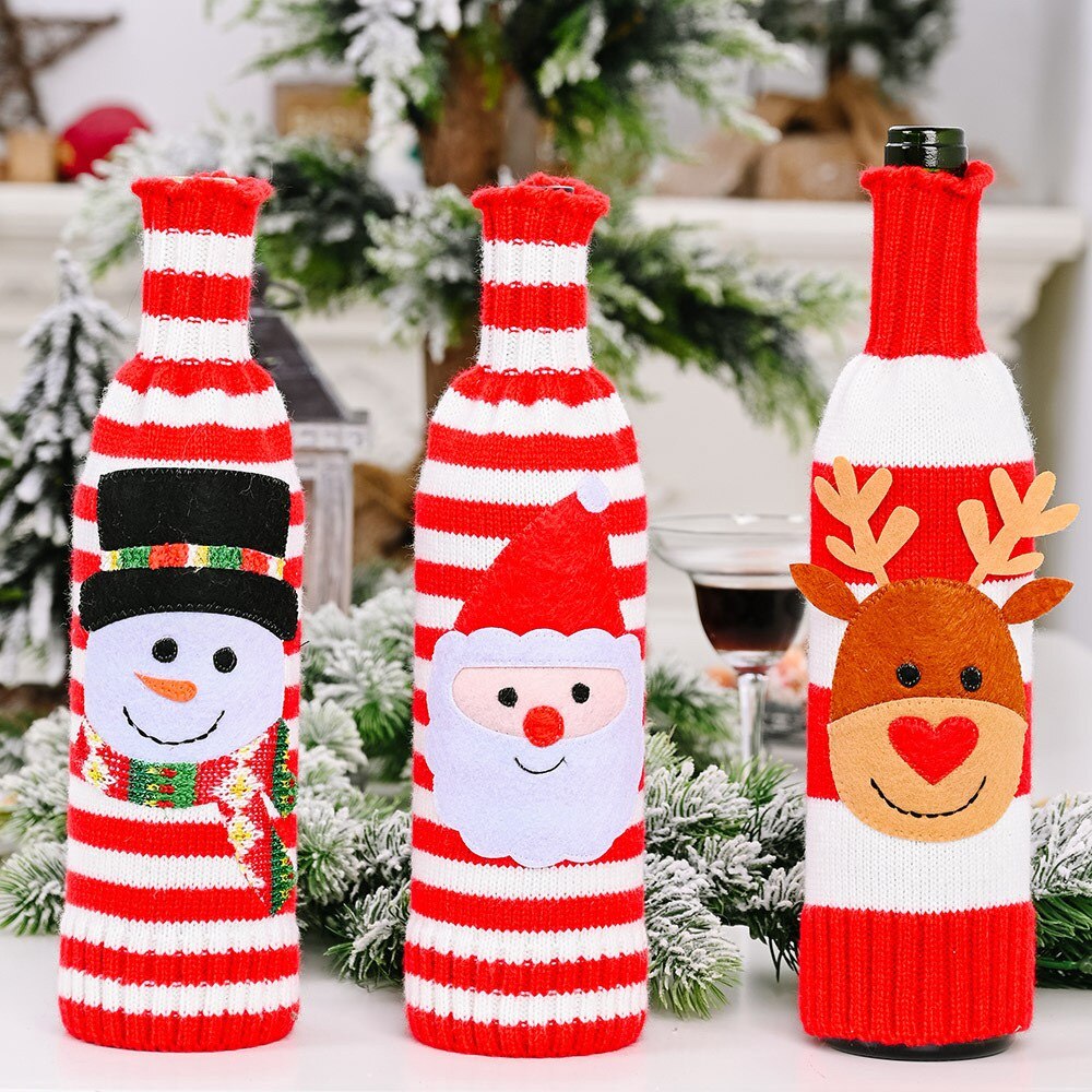 2Pcs Decoraties Gestreepte Gebreide Wijnfles Cover Kerst Wijnfles Cover Voor Kerst Decoratie