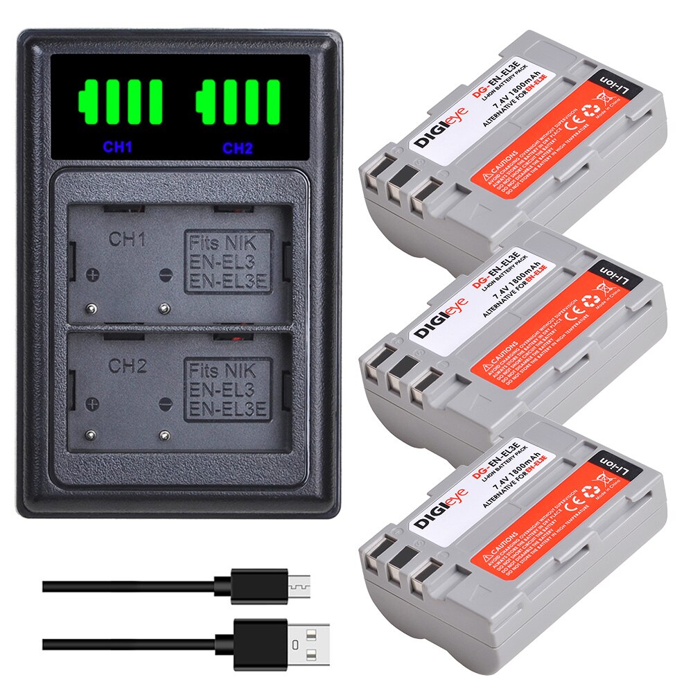 EN-EL3e EN EL3E EL3 Battery + LED Dual USB Charger for Nikon D50, D70, D70s, D80, D90, D100, D200, D300, D300S, D700 Camera: 3 battery set