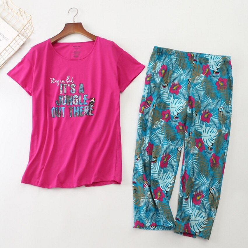 Korean Summer Women Pajamas Cotton Cute Print Pajama Set Top + Capris Elastic Waist Plus Size 3XL Lounge pijamas S95610