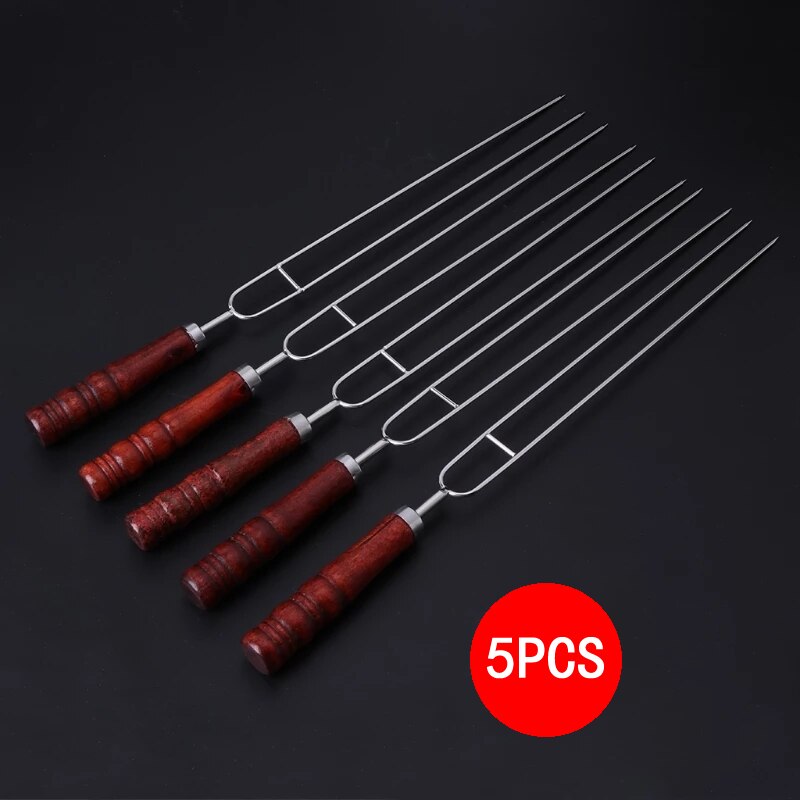 5pcs BBQ Stainless Steel Roasting Forks With Bag Camping Chicken wings Dog Skewers Wood Grill Barbecue Tool dls Kebab: Default Title