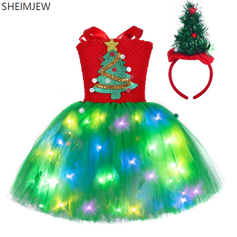Christmas Elf Cosplay Dress Xmas Red And Green Princess Tutu Led Light Sequin Rainbow Ballet Suits Christmas Birthday Party: L / green