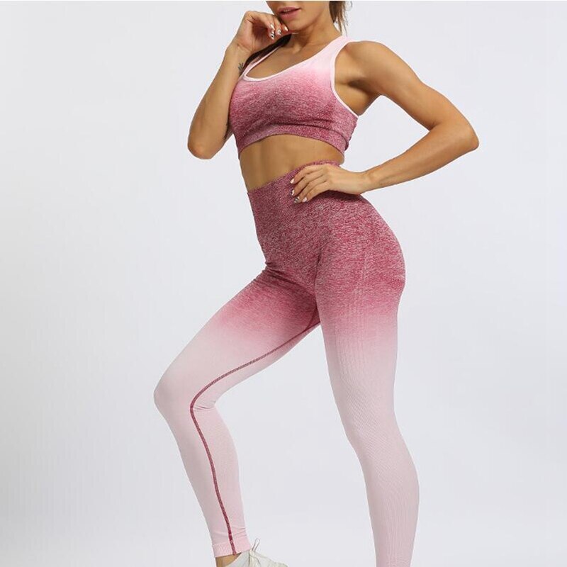 4 stk kvinder sømløs yoga sæt gym høj talje ombre leggings + bh + langærmet crop top suit fitness træning sport sportsbeklædning sæt