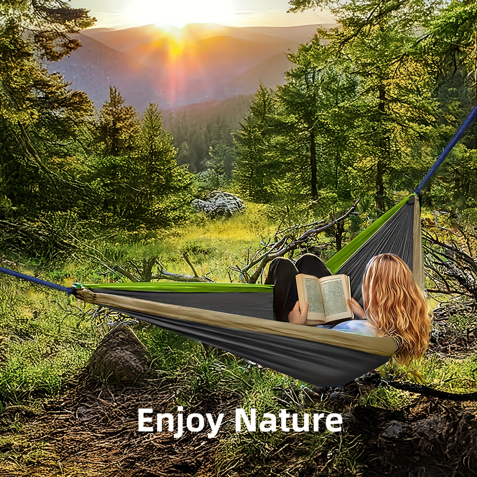 Hamac de camping double extra large, 3 m x 2 m (300 x 200 cm), comprend deux sangles d'arbre de 2 m, deux crochets en acier inoxydable en forme de D