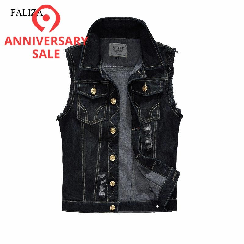 FALIZA Denim gilet hommes vestes sans manches mince noir vêtements d'extérieur hommes denim manteaux vestes débardeur Cowboy mâle déchiré veste MJ-I