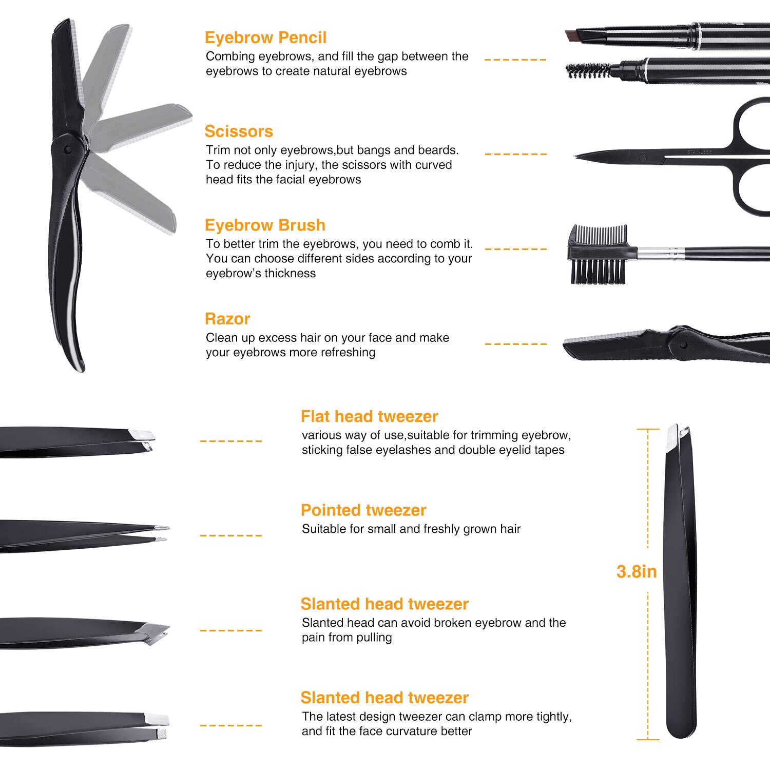 8 in 1 man Eyebrow Trimming Kit with Case Portable Tweezer and Scissor Set for Eyebrow Grooming Eyebrow Care Kit for Men Women