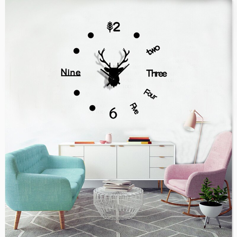 3D Wall Clock Mirror Wall Stickers Deer Head DIY Large Wall Clock Quartz Watch Art Decal Sticker Living Room Home Decor