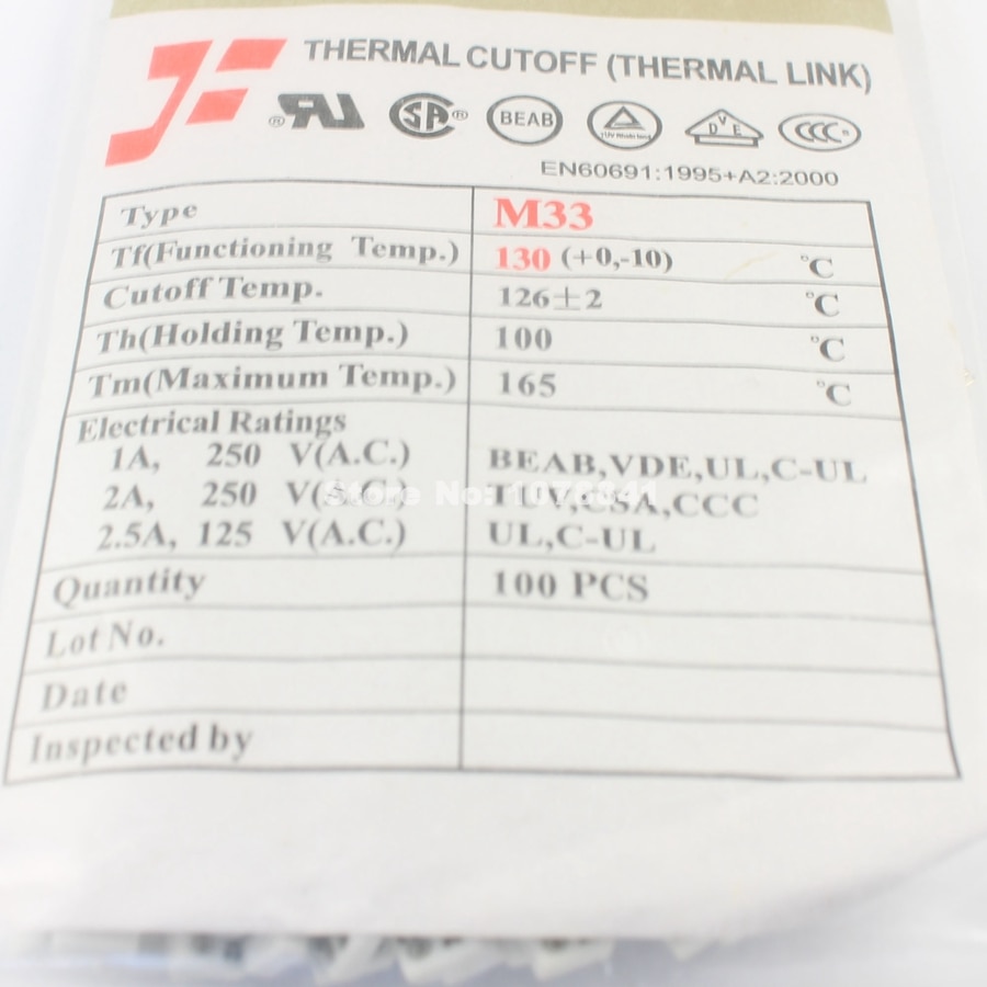 Cutoff TF 130 degrés | 10 pièces par Lot, fusible thermique M33