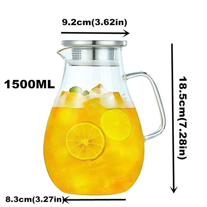 2500ML High Capacity Borosilicate Glass Infuser Teapot Heat-Resisting Tea Pot With Stainless Steel Bamboo Lid Cold Water Kettle: 1500ml steel cover S