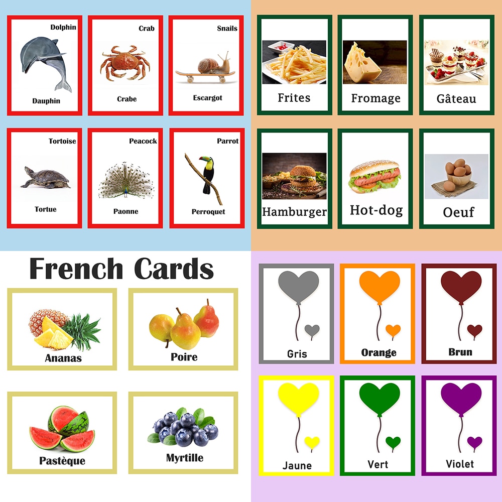 85 stk / sæt kid flashcards dyr / frugt / farve / mad førskoleuddannelse lære fransk ordkort til børn at lære engelsk legetøj