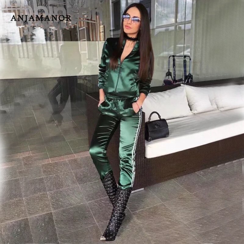 Satin two piece set tracksuit for women top and pants set spring womens casual sweat suits fitness outfits AC-94