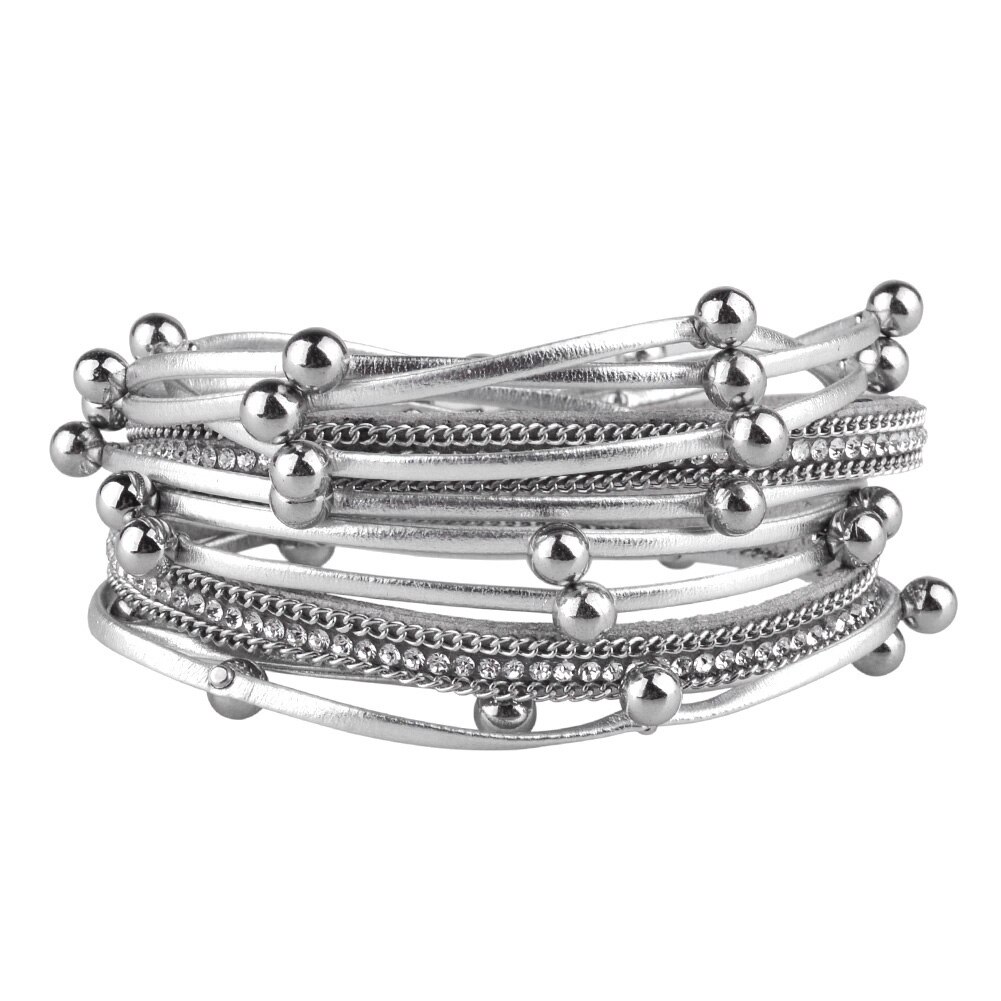 Metall Perlen Charme Leder Armbänder für Frauen Kristall Kette Bohemian Multilayer Wrap Armband Weiblichen Schmuck: KR2001-2
