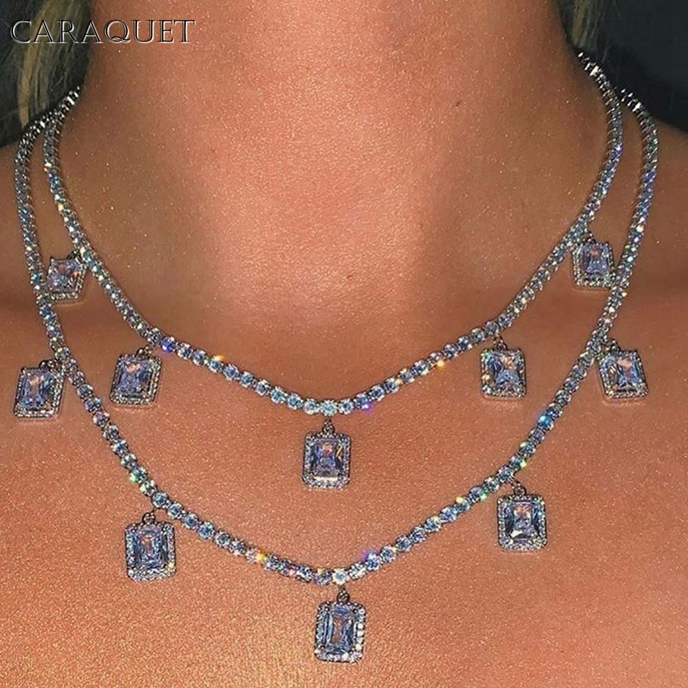 Caraquet-Colgante cuadrado de cristal en 7 colores para mujer, collar de lujo con diamantes de imitación, cadena de tenis, Gargantilla, joyería brillante