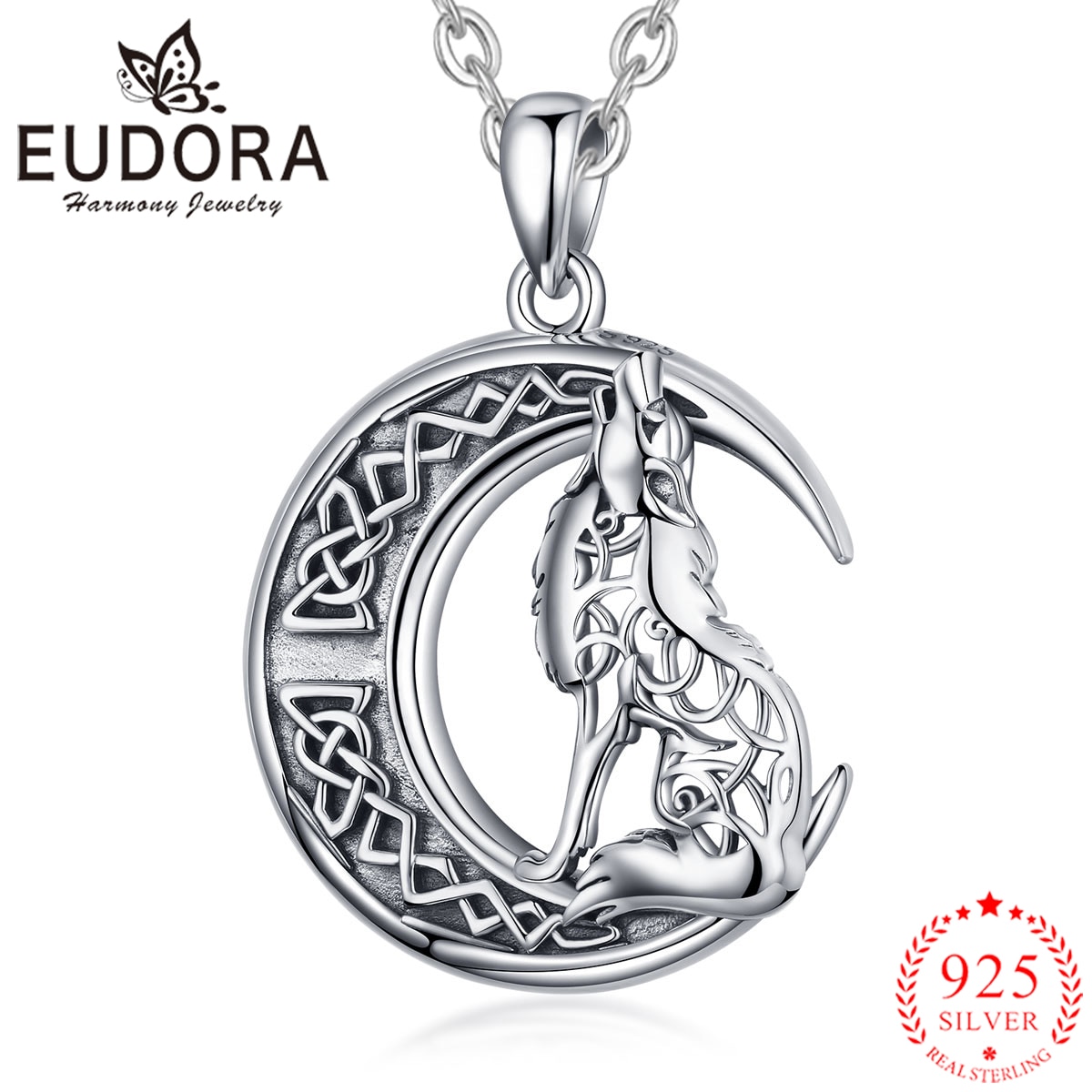 Eudora 925 sterling sølv animal moon wolf vedhæng vintage hul halskæde smykker til mand kvinder fødselsdagsfest cyd 555