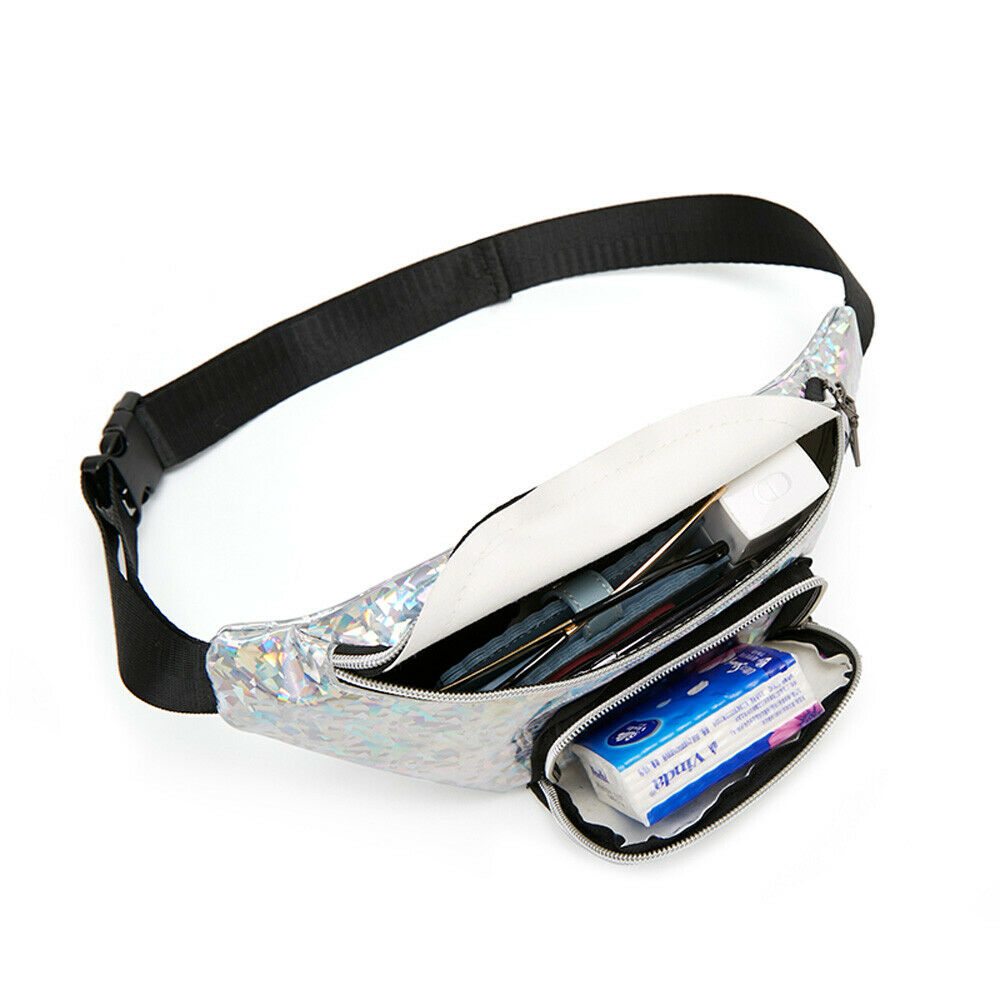Women Girls Waist Fanny Pack Belt Pouch Hip Bum Bag Shinny Zipper Travel Sport Small Cellphone Purse Chest Pack