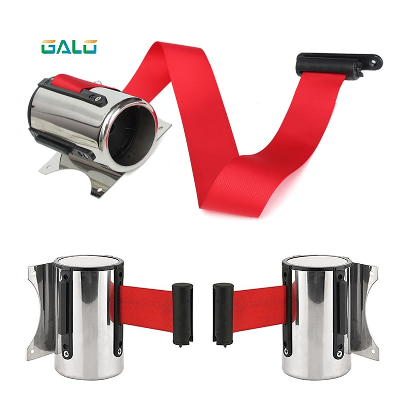 Crowd Control Outdoor Stainless Steel Wall Mount Red Belt Retractable Ribbon Barrier Sport Stanchion Queue 2m3m/5m