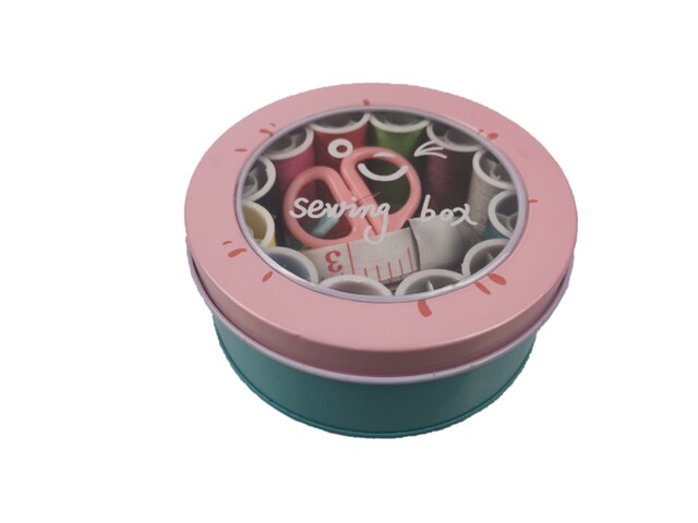 Sewing Machine Thread Kit With Roud Steel Box With All Sewing Supplies Tools: Pink