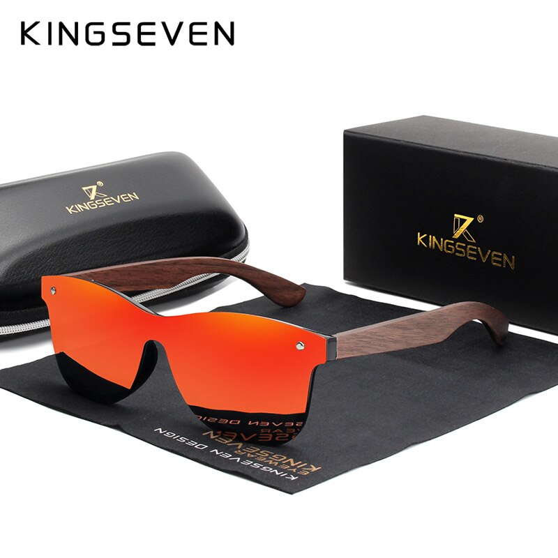 KINGSEVEN Luxury Walnut Wood Sunglasses Polarized Wooden Brand Rimless Mirrored Square Sun Glasses For Women/Men: Red walnut wood / With Wood Case