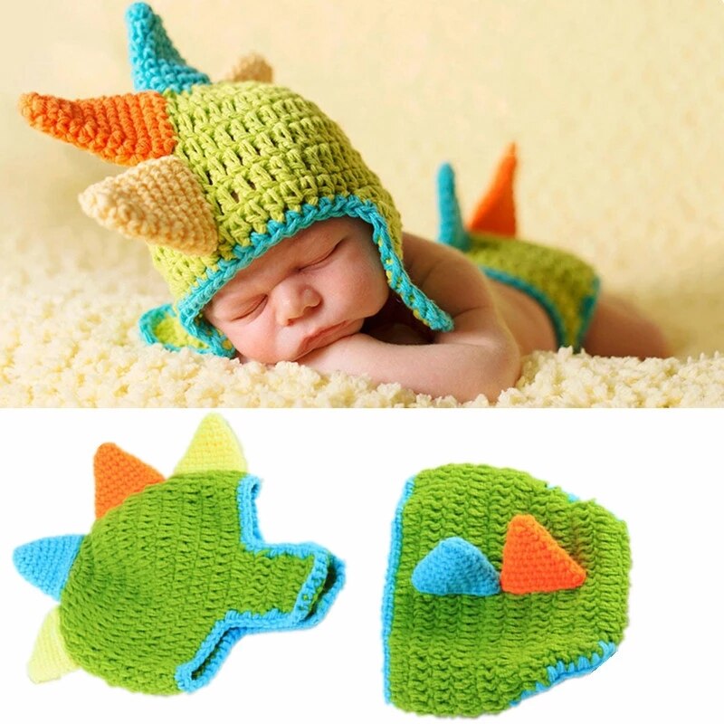 2 uds recién nacido atrezos para fotografía de bebés dinosaurio sombrero tejido al Crochet pantalones cortos bebé hecho a mano niño conjuntos