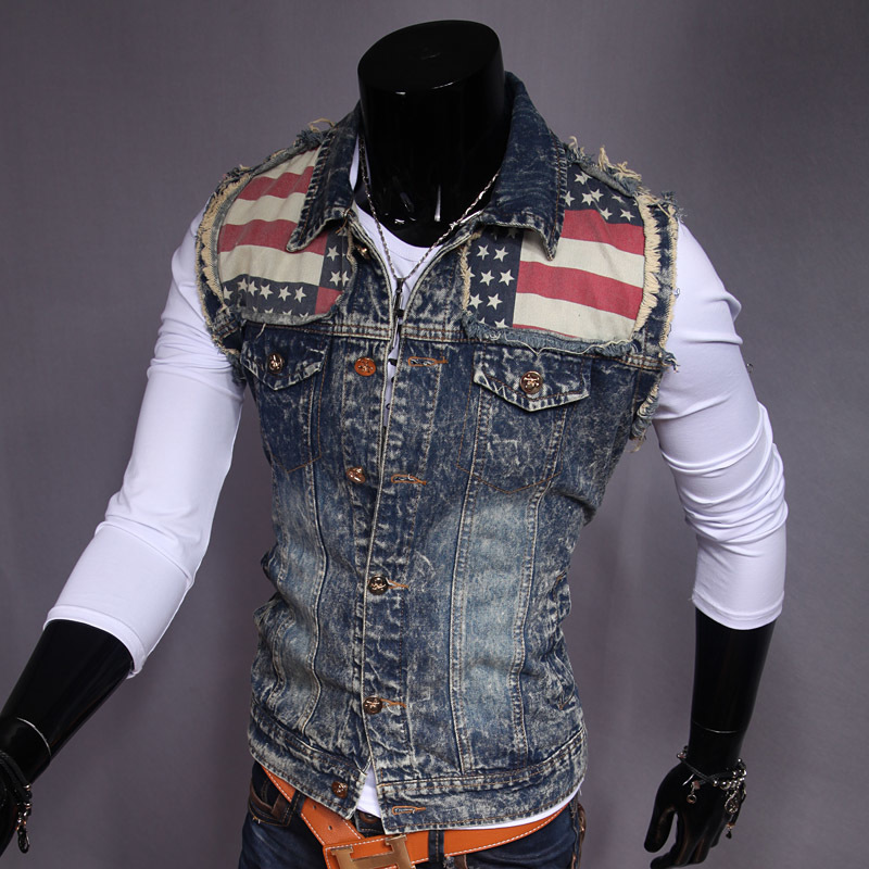 England Style Vintage Pattern Denim Vest Men Sleeveless Washed Tops Coats Men Retro Ripped Hole Hip Hop Slim Jacket Outwear