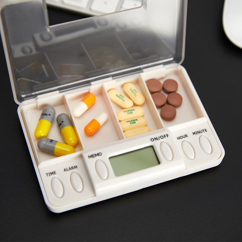4 Grid Intelligent Plastic Pill Box Electronic Timing Reminder Medicine Boxes Alarm Timer Pills Desk Organizer Storage Container